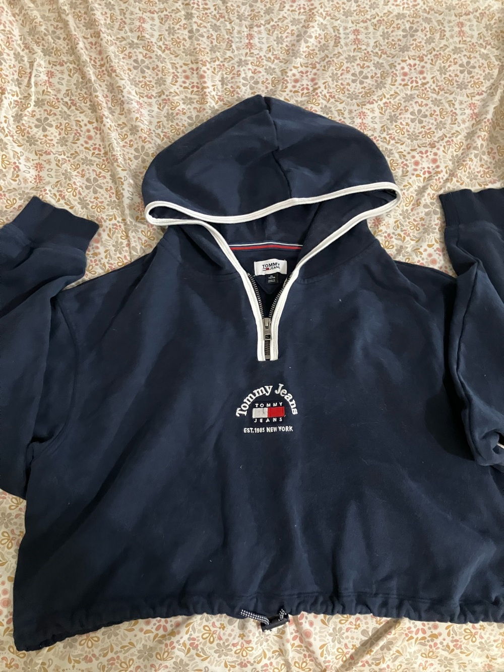 Tommy Hilfiger Navy Hooded Half-Zip Sweater with White Trim